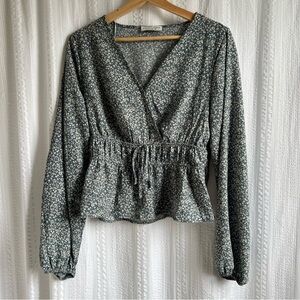 Paper Crane Bluish Gray Faux Wrap Long Sleeve‎ Blouse with Peplum